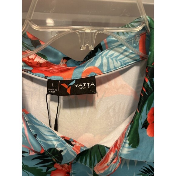 New Yata Golf Men Polo Flamingos Print Green Pink Size Large Performance Shirts - Picture 2 of 3